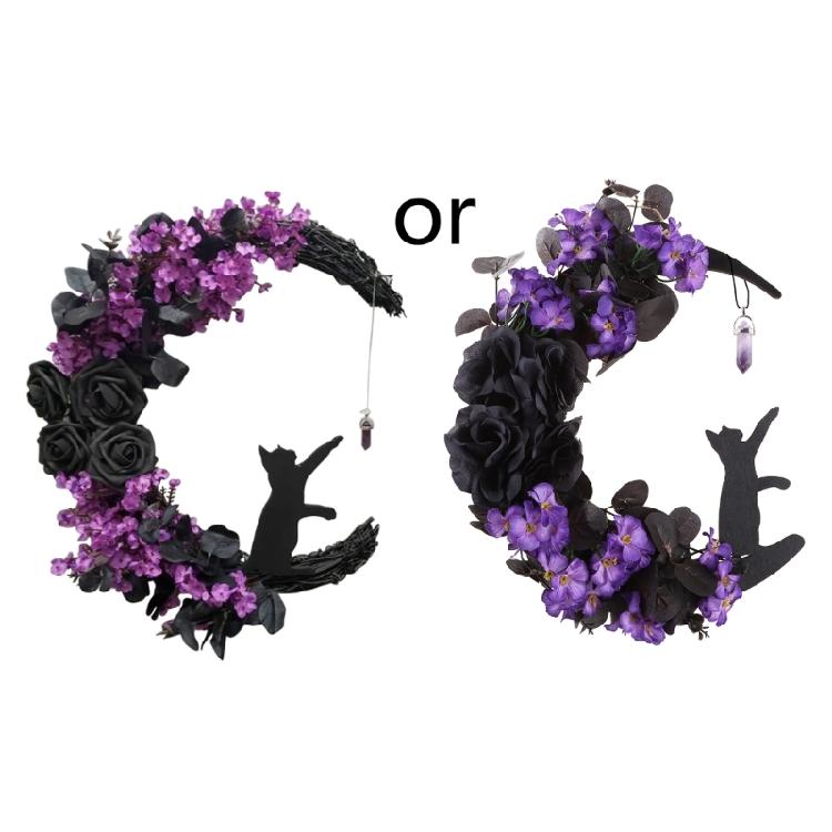 Moon Rose for Cat Garland Hanging Front Door Halloween Wreath Farmhouse Ornament 1