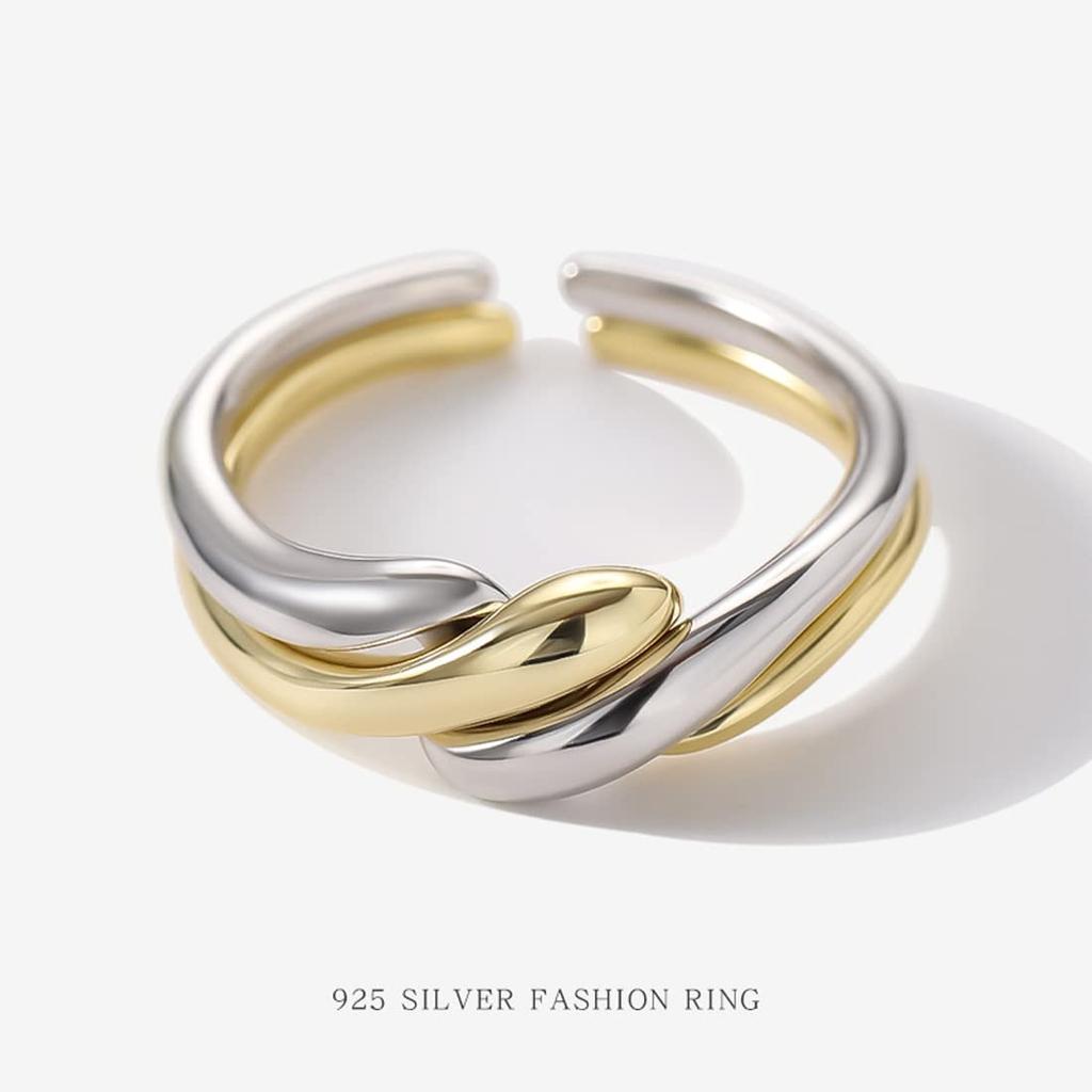 Rockyu Women's Ring, Free Size, Silver & Gold Double Ring, Pair, Detachable, Geometric Design, Stylish, Made of Sterling Silver 925, Hypoallergenic, B