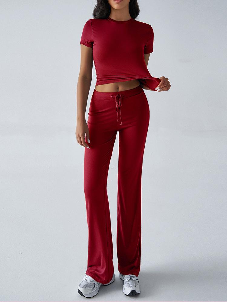 Women's Slim Fit Two Piece Outfit Set Short Sleeve Crew Neck Crop Top Drawstring Waist Straight Leg Solid Tracksuit Loungewear