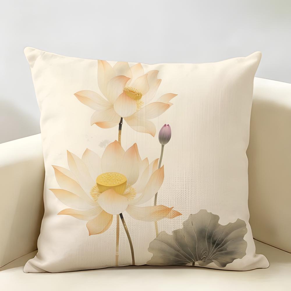 Simpl Pretty Golden Lotus Cushion Cover Durable Hypoallergenic Organic Linen Pillow Cover Short Size Washable Skin-Friendly