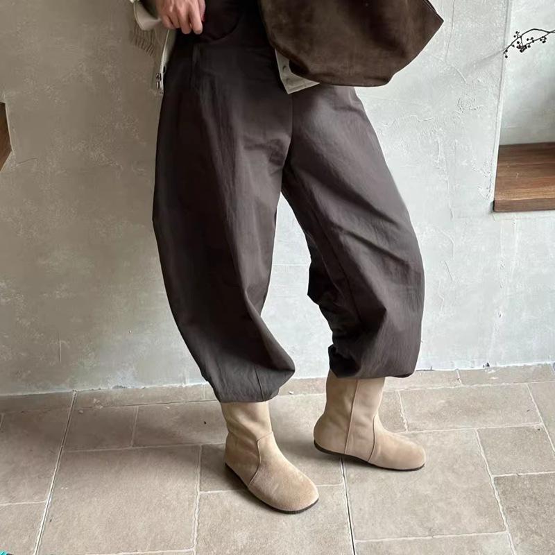 Two wear round head brown soft surface flat bottom short boots women's autumn and winter matte medium tube retro