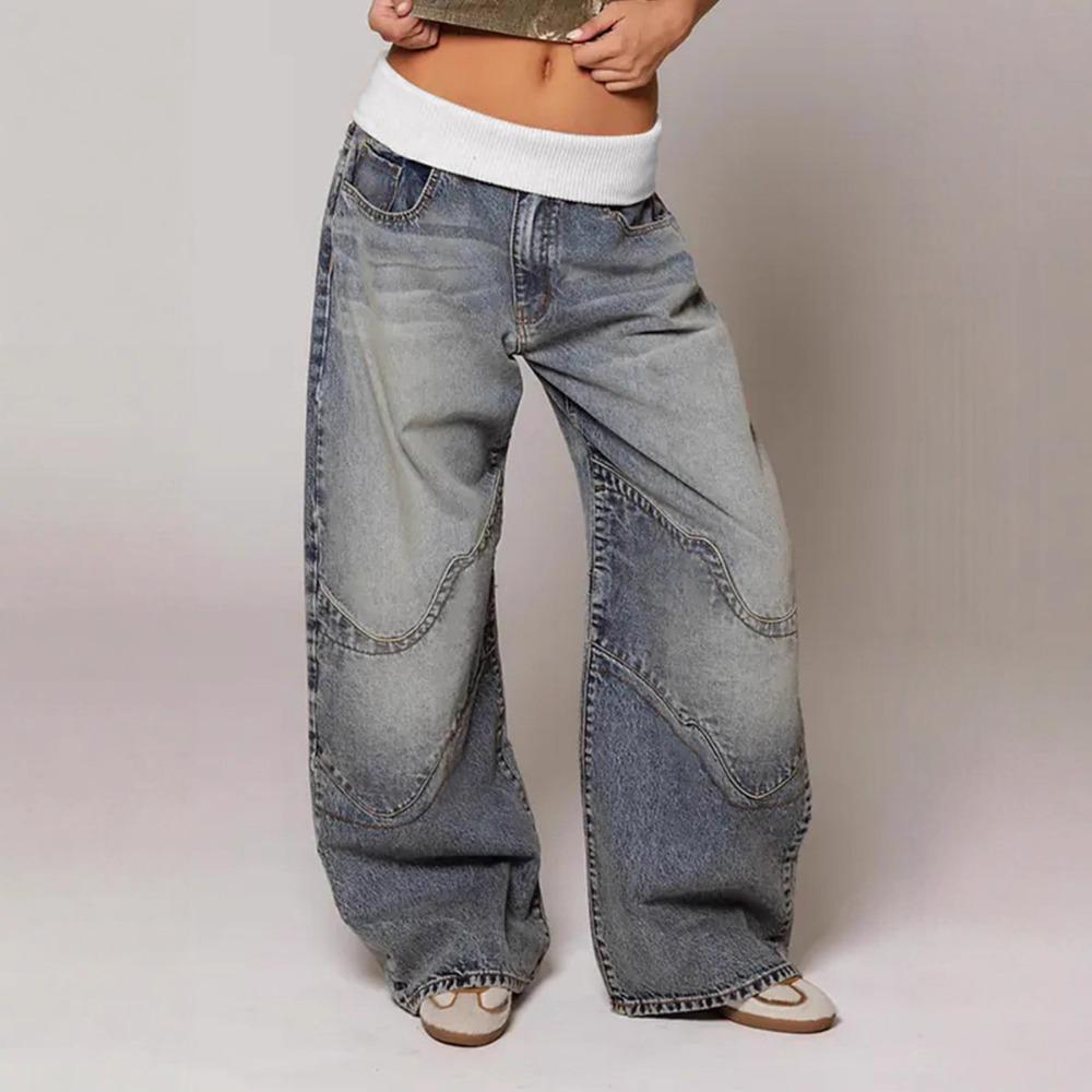 Women's Mid Rise Flare Jeans Loose Streetwear Patchwork Sand Washed Stretch Denim Trousers