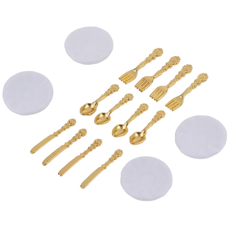 12Pcs/Set Vintage Dollhouse Miniatures Tableware Ceramic Plate Knife Fork Spoon