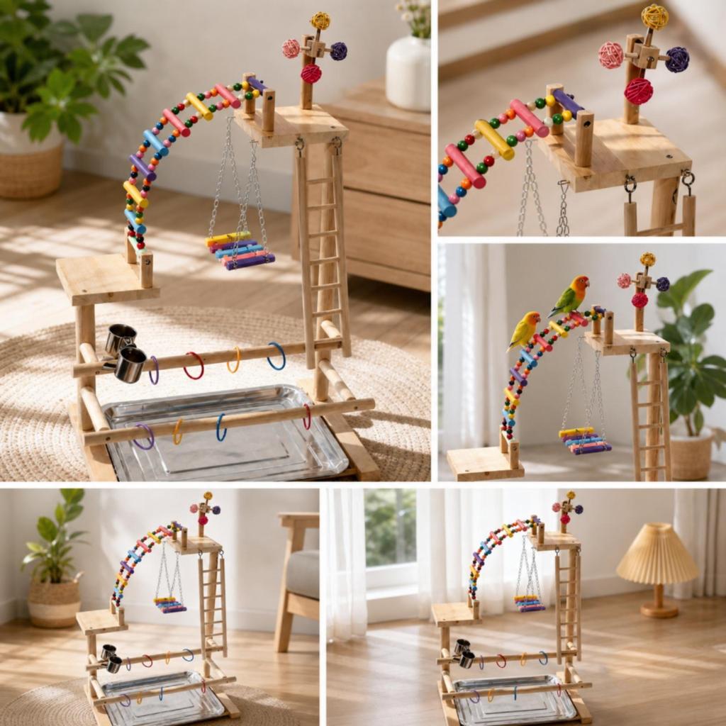Bird Play Stand Featuring Food Dish Cups Wooden Pet Supply Natural