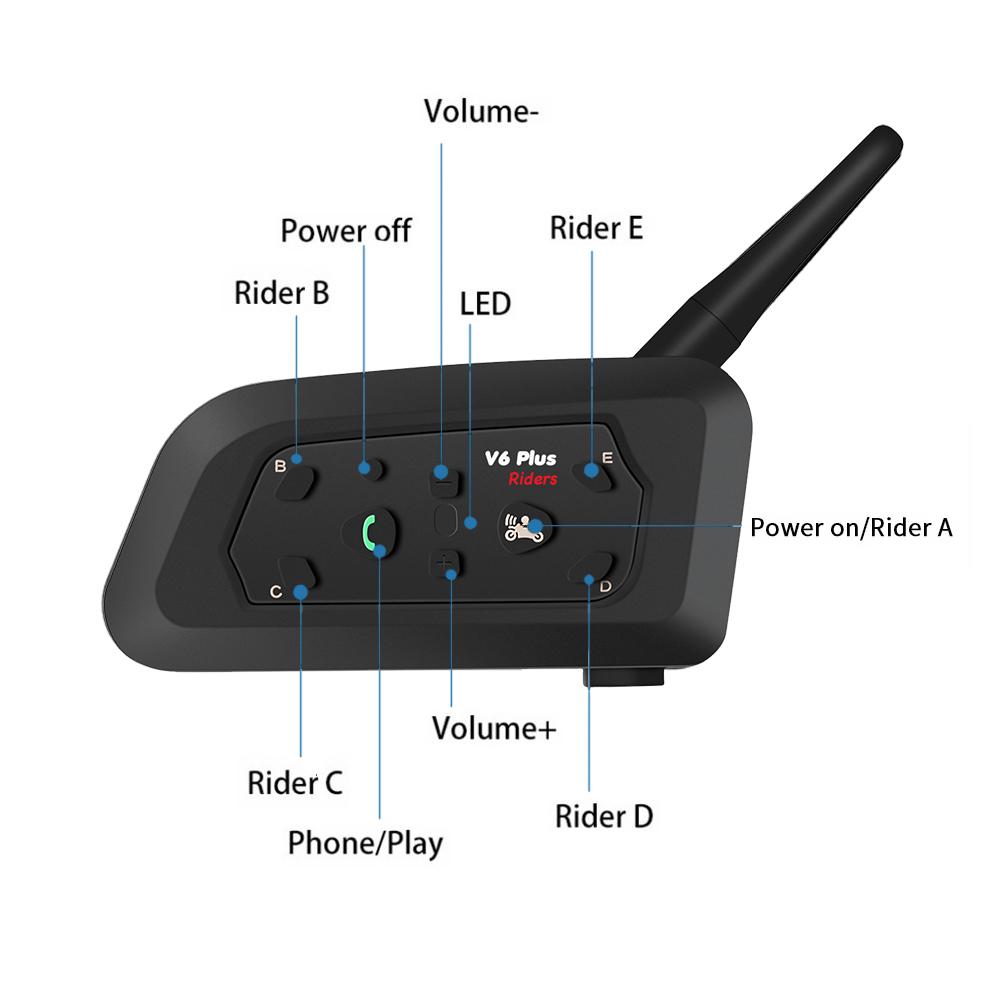 V6 PLUS Motorcycle Bluetooth Helmet Intercom Headset Waterproof Music Player 1500M Interphone Communicator for 6 Riders
