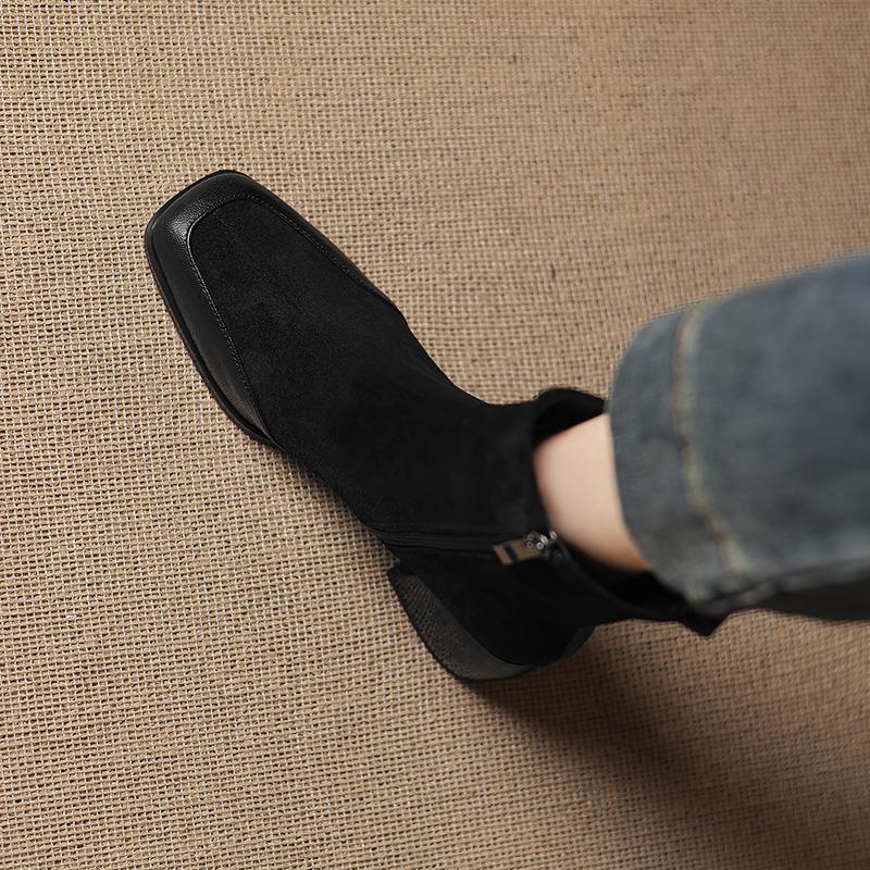 Krazing Pot Sheepskin Flock Winter Square Toe Chunky Heels Chelsea Fashion Boots Women Zip Patch Work Women Ankle Boots