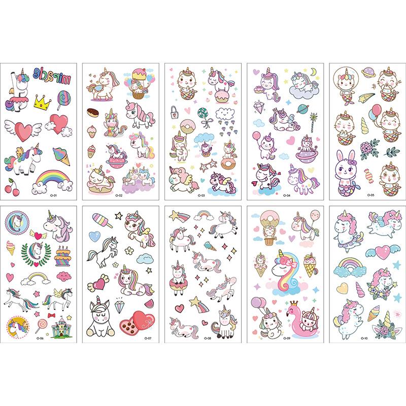 10Sheets/lot Children Cute Cartoon Unicorn Temporary Tattoo Stickers Baby Shower Kids Body Makeup Sticker Tattoos Mermaid Party