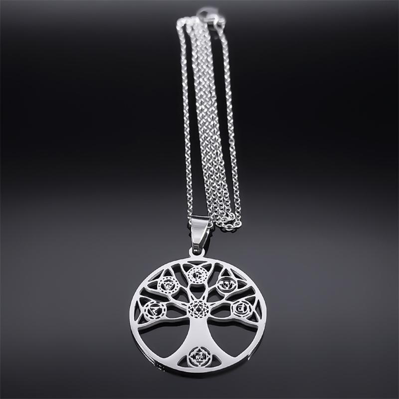 7 Chakra Healing Tree of Life Necklace for Women Men Stainless Steel Silver Color Spiritual Buddhism Necklace Jewelry bijoux