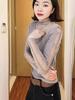 Women's Gray Lace Patchwork High Neck Long Sleeve T-shirt – Stylish Winter 2026 Base Layer