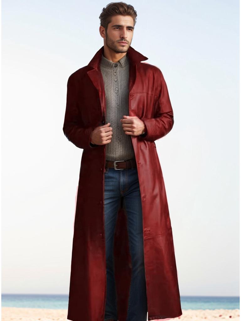 

2024 Men s Spring Leather Over-the-Knee Jacket with Suit Collar XL вина червоного кольору