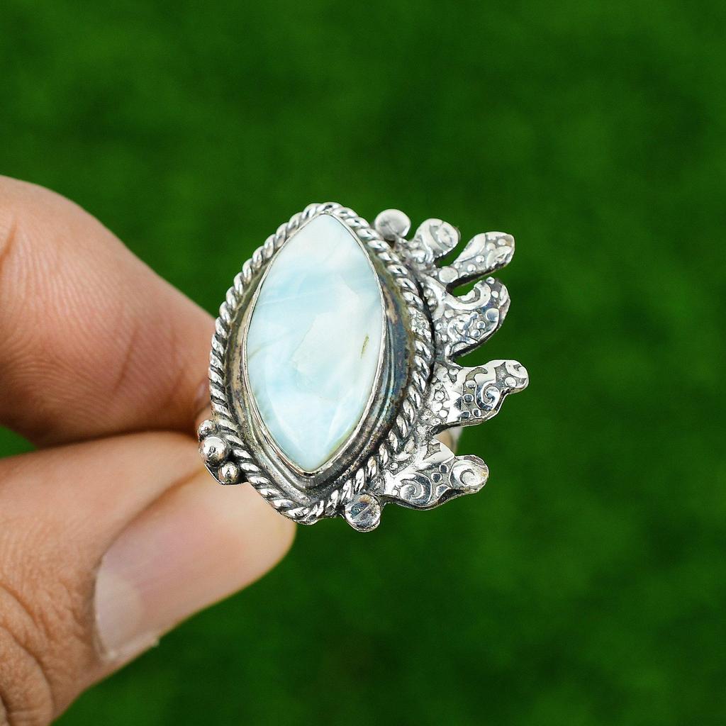 Natural Larimar Gemstone 925 Sterling Silver Statement Adjustable Ring For Girls