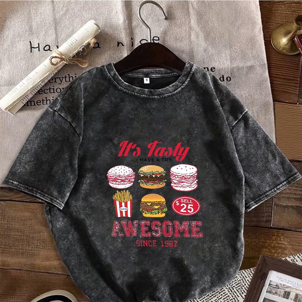 Retro Fast Food Oversized T-Shirt Washed Cotton Casual Tee Vintage Burger Fries Graphic Top