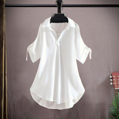 Women Shirt Lapel Half Sleeve Mid-length Casual Tops Solid Color Waist Tight Loose Fit Chiffon Blouse Daily Wear