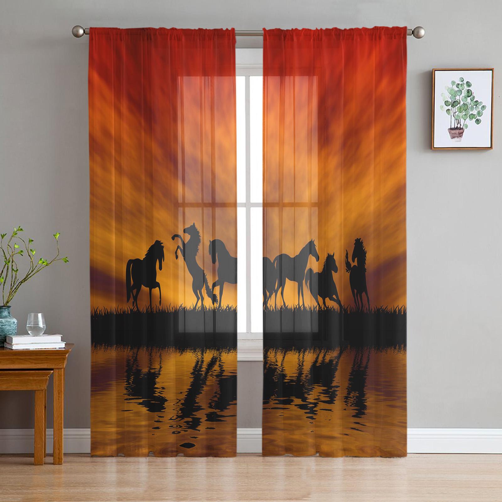 

Animal Horse Snow Scene Tulle Voile Curtains For Bedroom Space Window Drape For Living Room Translucent Drapes Shades Organza Curtains 1 PCS W100XH250cm&Rod Pocket