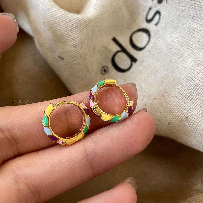 

ECHOSTORE Retro Colored Glaze 925 Silver Circle Ear Cuffs - Korean Style Earrings