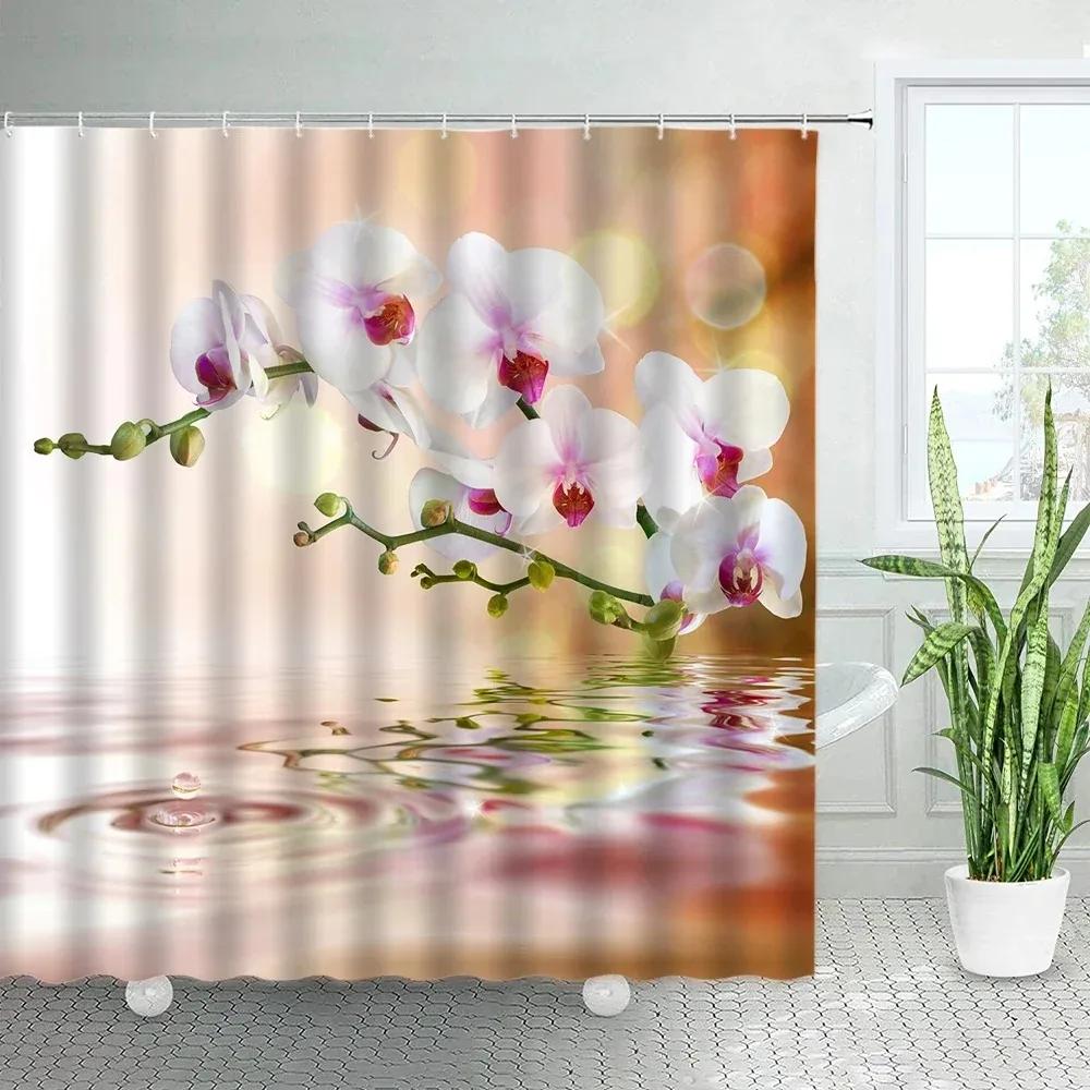 White Orchid Floral Shower Curtains Sets Rural Natural Flowers Zen Spa Plants Bathroom Fabric Bath Curtain With Hooks Home Decor