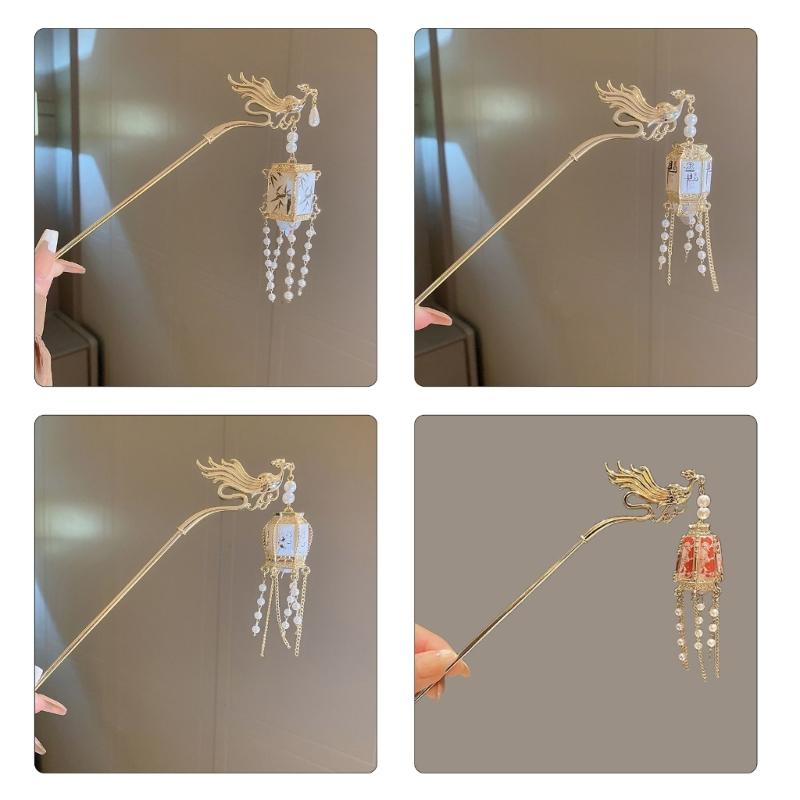 LED Lantern Dangling Hairpin Tassels Buyao Hair Stick Antique Acrylic Hair Pin for Female Chinese Costume Accessories