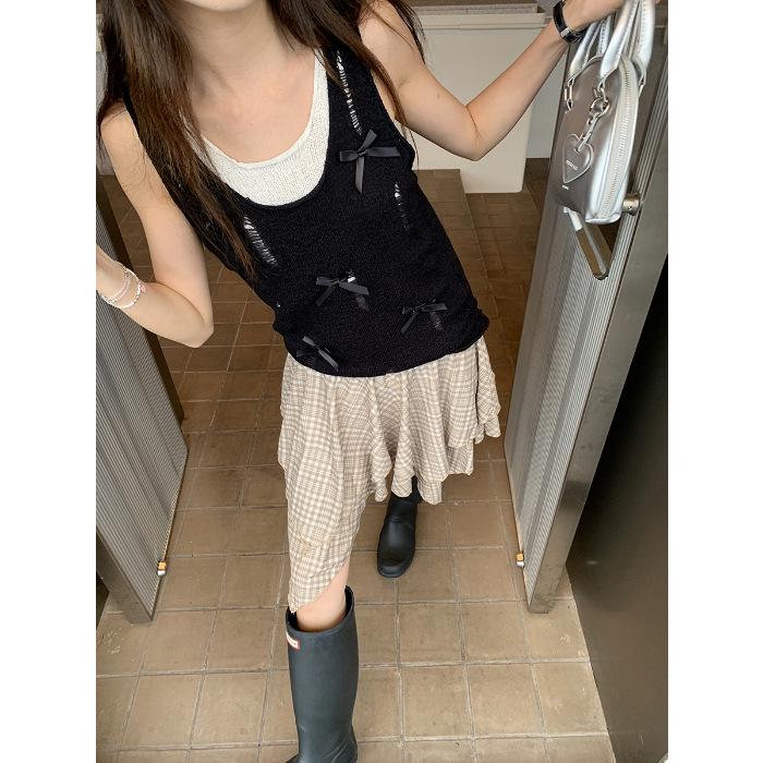 

Color Block Bowknot Knit Vest for Women - Slim Fit, Trendy Rolled Hem Top One size чорний