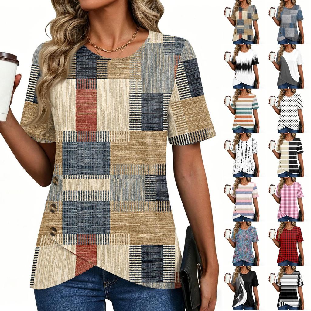 Women's Short Sleeve T Shirt Geometric Print Button Detail Round Neck Casual Top Lightweight Soft Fabric Blouse