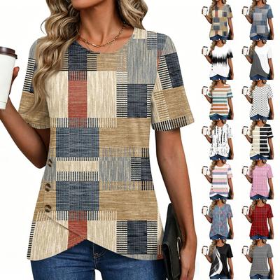 Women's Short Sleeve T Shirt Geometric Print Button Detail Round Neck Casual Top Lightweight Soft Fabric Blouse
