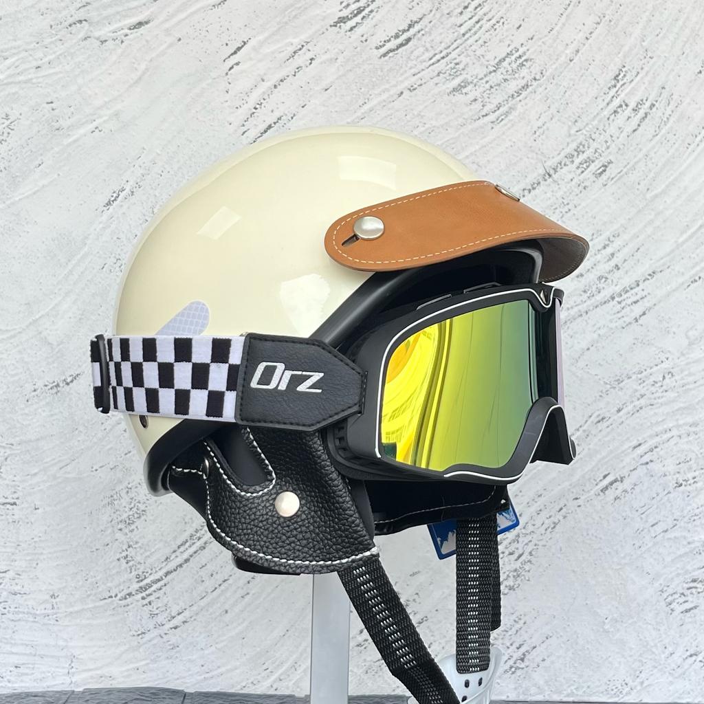 ORZ-Vintage 3/4 Scooter Helmet with Goggles Kit Windproof Anti UV Open Face Motorbike Helmet Unisex Street Riding Protection