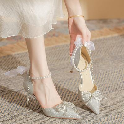 Stylish Wedding Banquet High Heels Women's Shoes Luxury Zapatos De Mujer Thin Heel Bow Full of Diamonds Mary Jane Shoes 2024