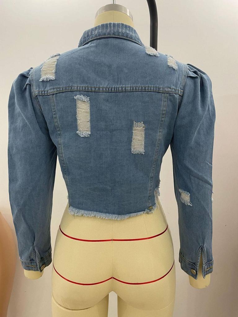 Dámská roztrhaná džínová bunda s nabíranými rukávy