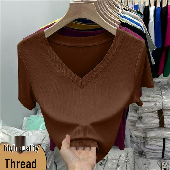

European Plus Size V-Neck Ribbed Short Sleeve T-Shirt - Women s Summer Slimming Base Layer Top XXL [125-140 lbs]