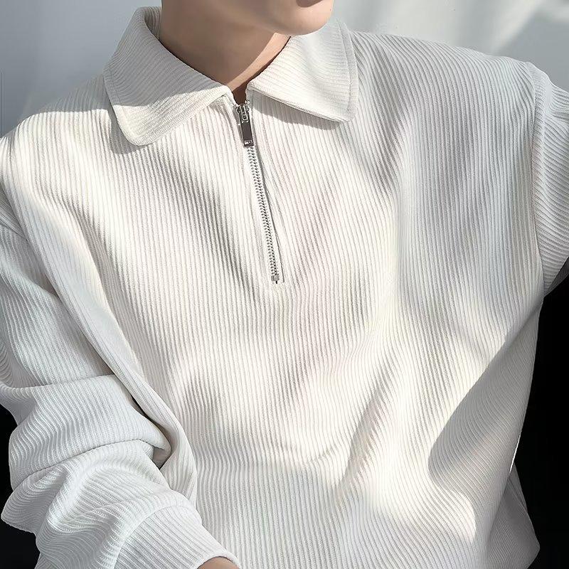 Men's Autumn Trendy Half-Zip Polo Hoodie - Cool Streetwear Lapel, Striped & Lightweight Jacket