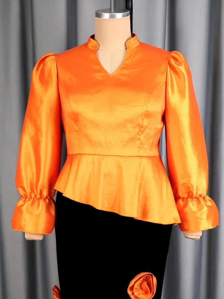 Elegante Damen Glänzende Satin Tops V-Ausschnitt Puff Lange Ärmel Unregelmäßiges Schößchen Slim Bluse Hemd Lässig Party Weiblich Winter Neue Mode