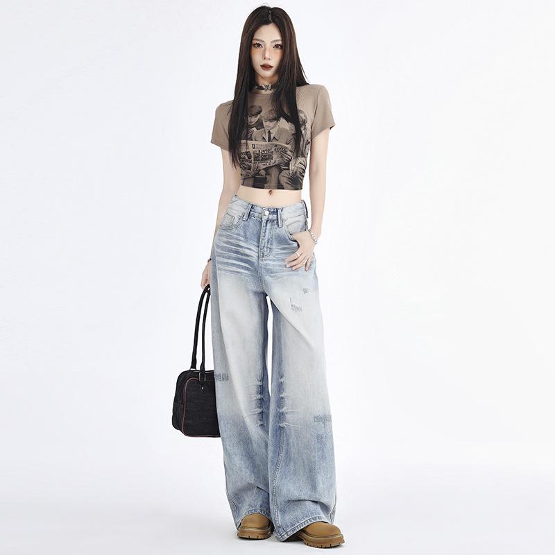 Women's Light Blue High-Waisted Ripped Straight-Leg Jeans - Street Style, Autumn/Winter, Loose Fit, Slimming Effect.
