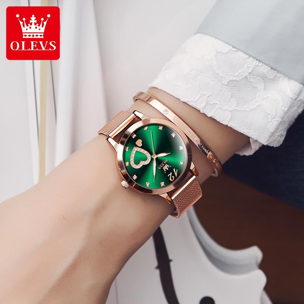 OLEVS 5189 Milanese Mesh Women's Quartz Watch with Love Diamonds