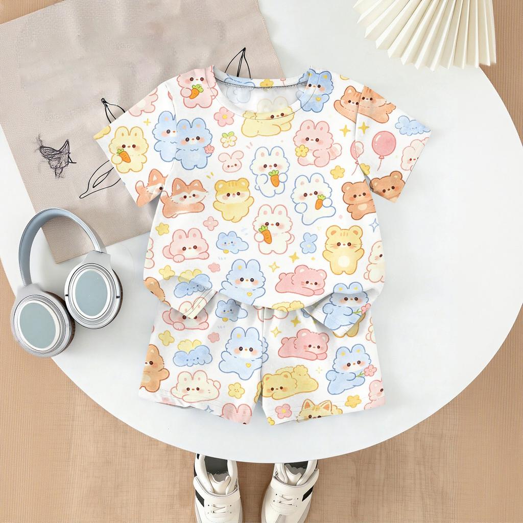 Kids Casual Short Sleeve Shirt and Shorts Set Animal Print Two Piece Outfit Lightweight Comfortable Summer Wear for Boys and Girls
