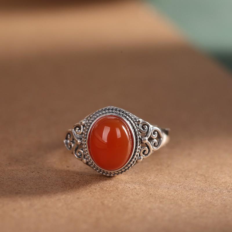 Adjustable Open Ring With Red Agate Geometric Heart Design Vintage Boho Style Copper Jewelry Women Men