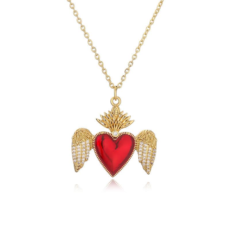 Love Wings Pendant Necklace for Women, European and American INS Fashion Versatile, Copper Plated Real Gold Zircon Drip Oil