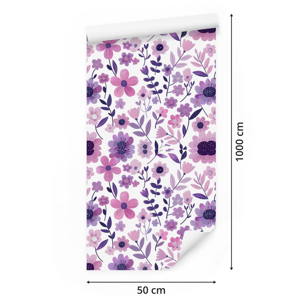 Wallpaper Flowers White, Purple and Powder Pink for the Living Room and Bedroom 50x1000