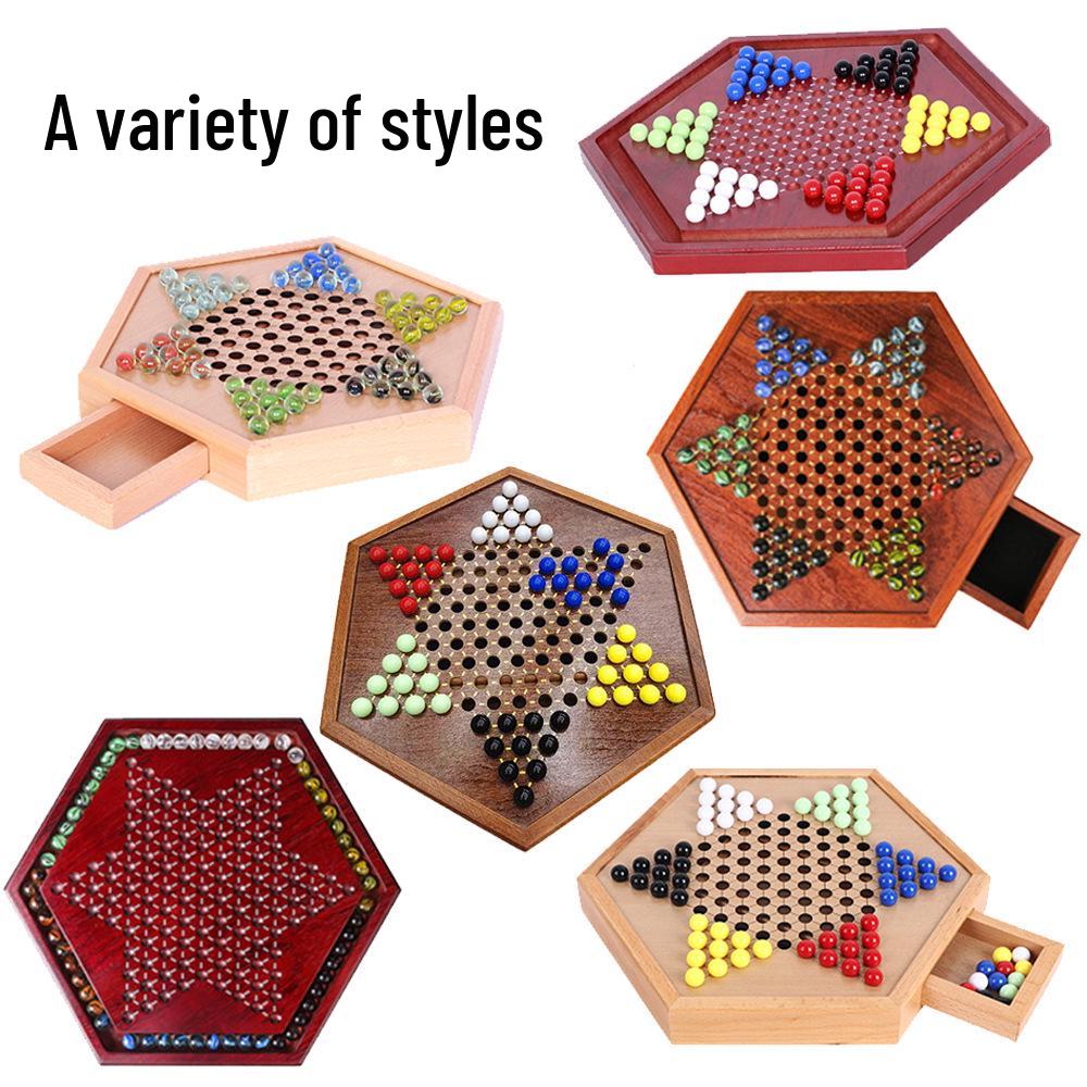 Checker Glass Marbles Wooden Tabletop Game, Chess, Card Game, Competitive Puzzle Toy with Drawer-style Storage.