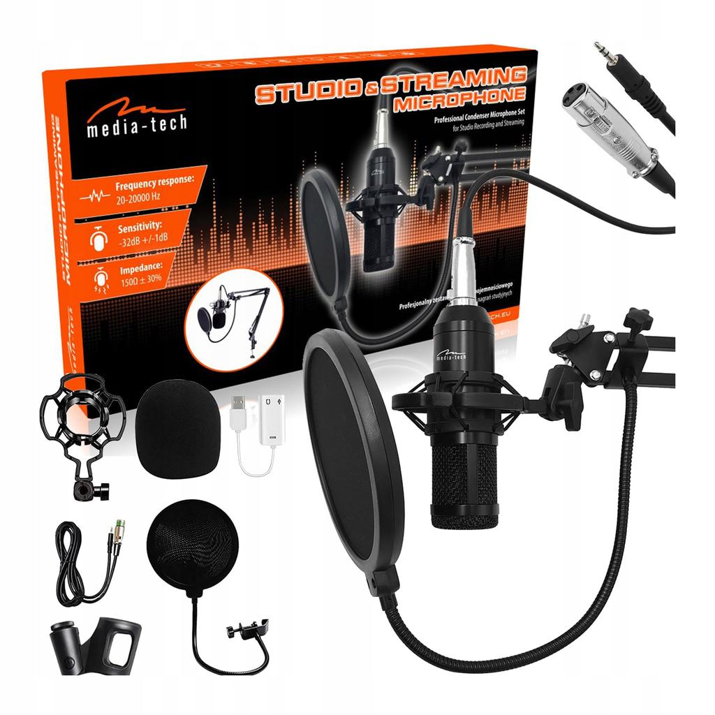 STUDIO&STREAMING MICROPHONE - Professional condenser microphone set (silver mesh) for streaming and studio recordings