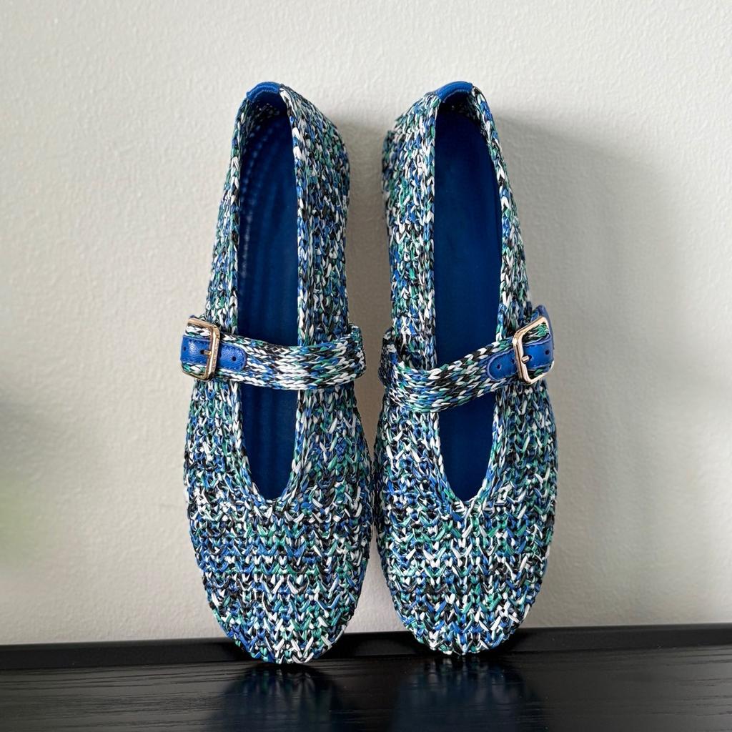 Sheepskin version~ niche new color raffia hand-woven shallow mouth Mary Jane single shoes one-word buckle sandals