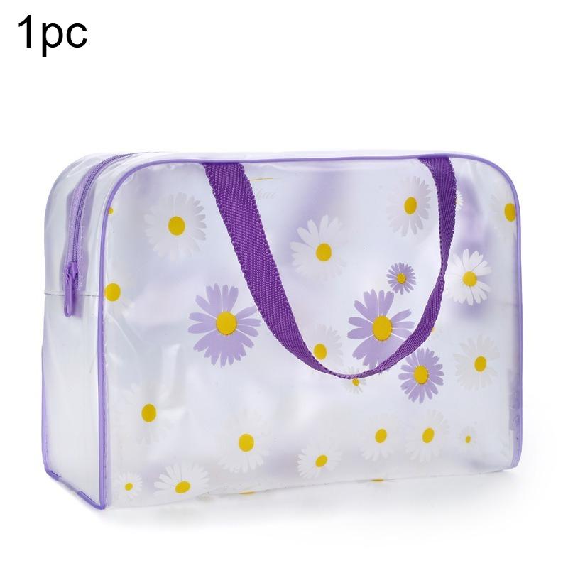 1pc Daisy Print Handbag Portable Beach Wash Bag Large Capacity Makeup Bag PVC Swimming Bath Bag Clothing Storage Tote Bag