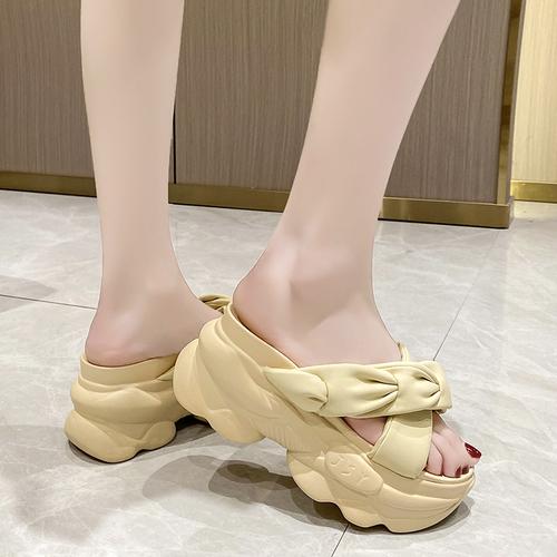 

Модные женские тапочки на высокой платформе 9 см, однотонные кожаные сандалии на толстой подошве, женские, летние, повседневные, пляжные, шлепанцы, Zapatos Mujer 39 жёлтый