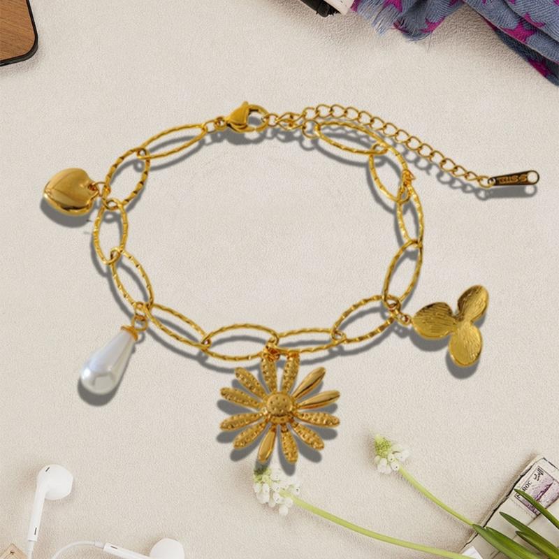 Stylish Multi Charm Bracelet Multi Pendant Bracelet with Flower and Heart Details Elegant Wrist Chain Jewelry
