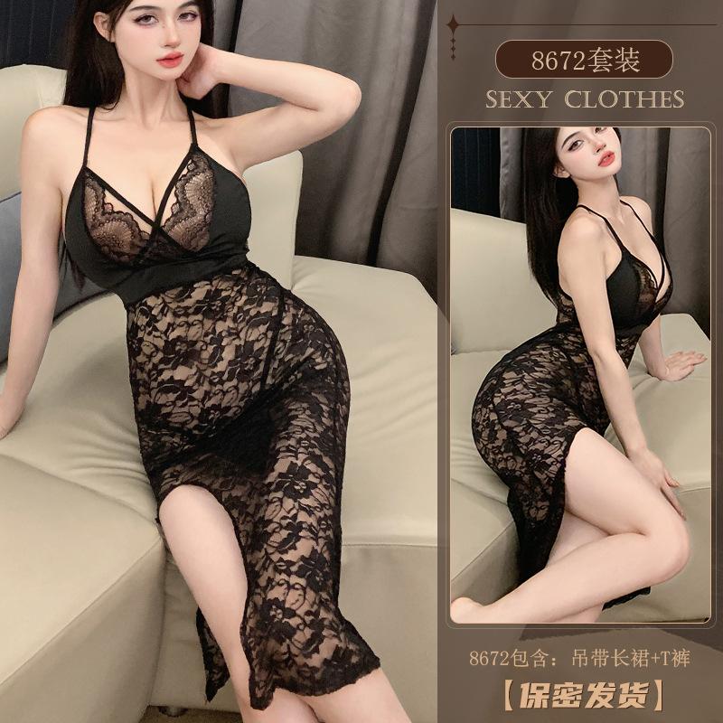 Erotic Underwear Sexy halter Long Dress Hot Lace Seductive See-through nightclub small chest Uniform 8672