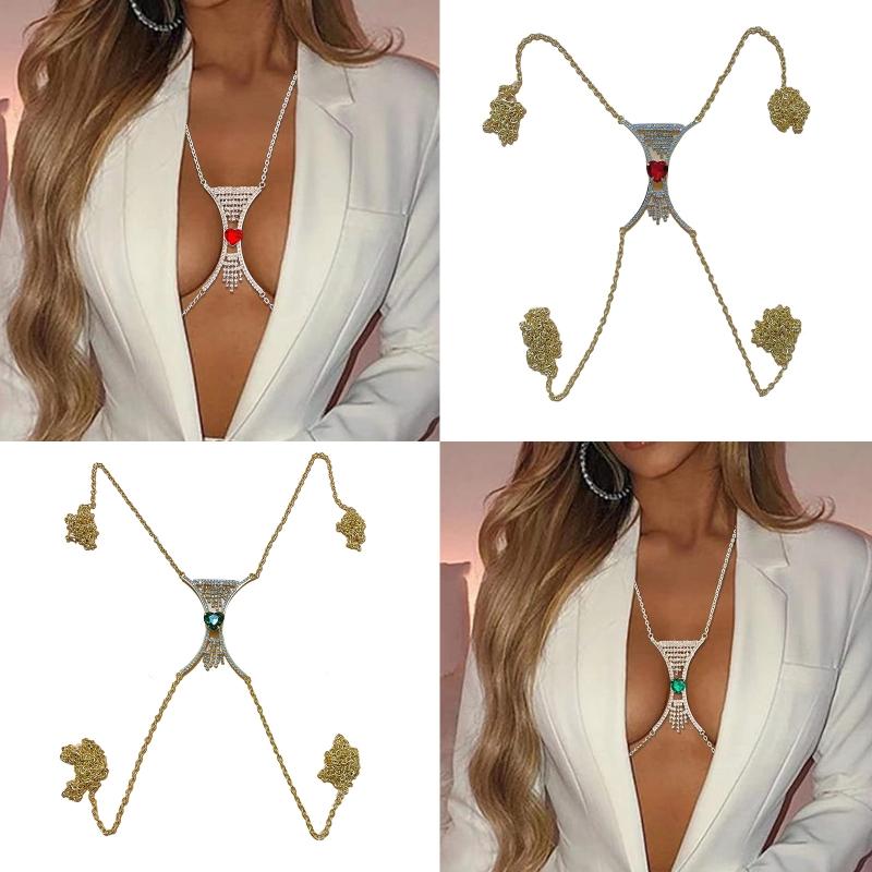 Luxury Heart Crystal Chest Bra Jewelry Rhinestones Body Chain Necklace Bra Chain Jewelry Body Jewelry For Women Sexy