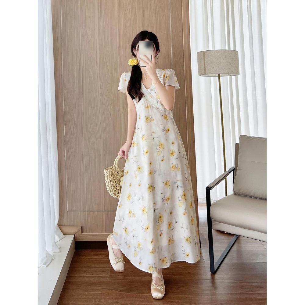 French Gentle Wind Super Fairy Temperament Floral Long Dress To Ankle Women's Extended Version Tall Short-sleeved Long Dress