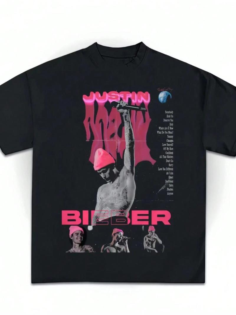 

Loose casual Tshirt with Canadian singers performance photo and name printed on it Four season pure cotton streetwear shirt 4XL