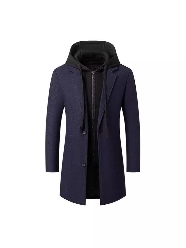 Korean-Style Men's Wool Blend Mid-Length Coat with Removable Hood