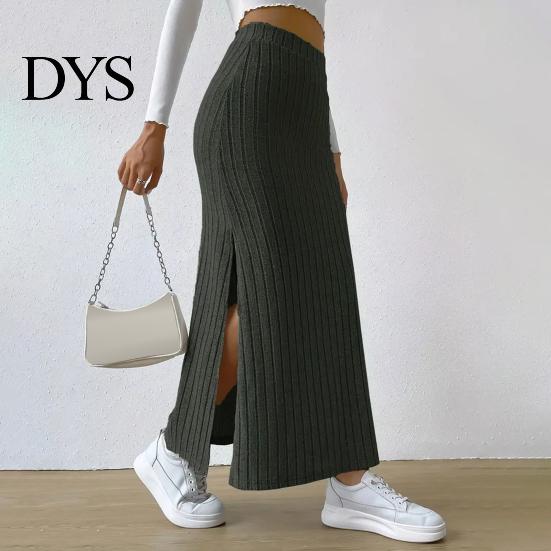 Casual Maxi Skirt with Side Slits High-Waisted Ribbed Long Flattering High-waisted Polyester Spandex Solid Color Hip Wrapped Autumn Winter Slimming