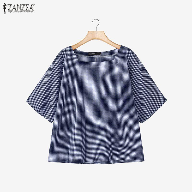 ZANZEA Women Casual Square Collar Half Sleeve Plaid Print Blouse Tops