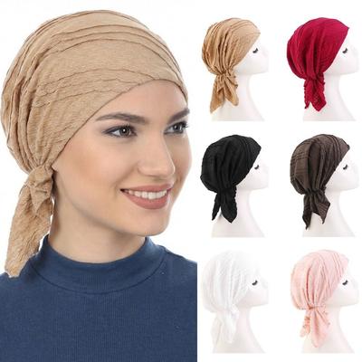 Elastic Muslim Hijab Hats Cotton Crinkle Turban Head Wrap Chemo Beanies Caps  Cycling Head Scarf